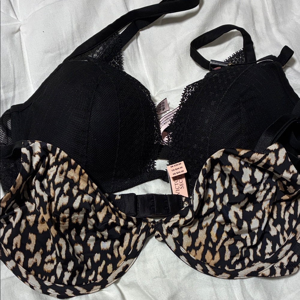 Victoria's Secret Black and Animal Print Bra Set of 2 - NWT 34D